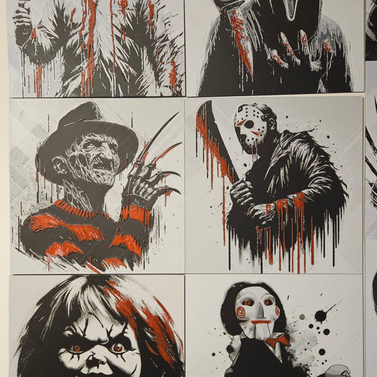 6 images of horror movie icons. Ghostface, Michale Meyers, Jason, Jigsaw, Freddy Kruger and chucky. 
all positions in iconic stances. Amazing wall art decore for your home of office