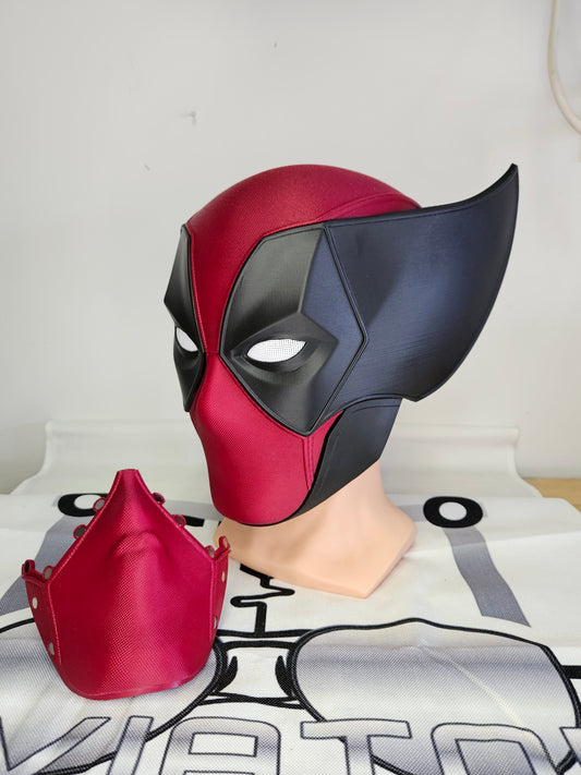 Deadpool and Wolverine mash up helmet. 3D Printed Poolverine cosplay prop by Aviator 3D Printing. Treat yourself or gift to a special person. Great for home office display, or to wear anytime. Get yours before the next Marvel Deadpool and Wolverine movie.