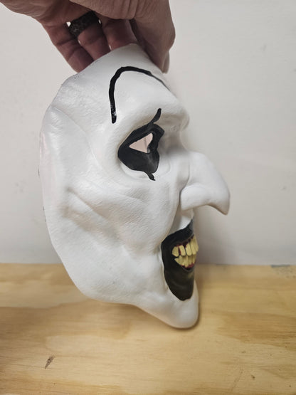 Art the clown from the Terrifier movie mask is 3D printed, painted and accented in realistic FAKE blood paint or without. Available now from Aviator 3D Printing .com